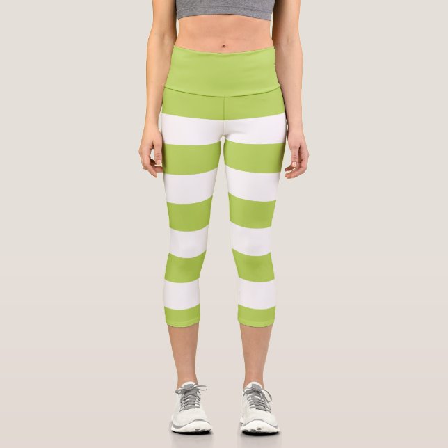 Grüne Streifen, weiße Streifen, gestreiftes Muster Capri Leggings (Vorderseite)
