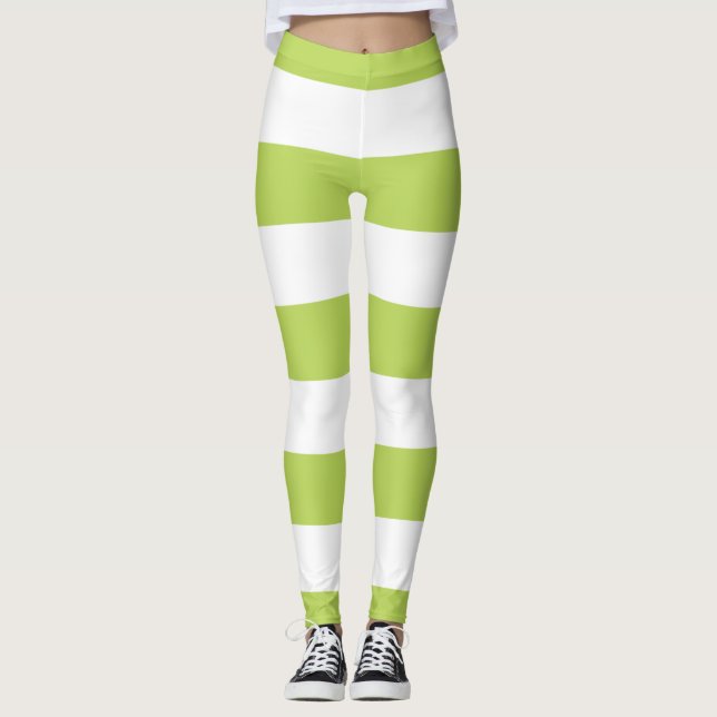 Grüne Streifen, weiße Streifen, gestreiftes Muster Leggings (Vorderseite)
