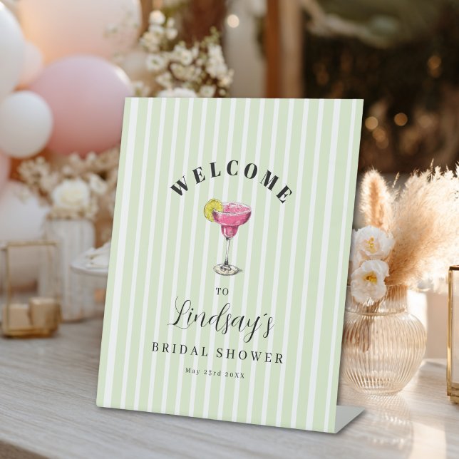 Grüne Striped Cocktail Brautparty Sockelschild (Green Stripe Cocktail Bridal Shower Party Pedestal Sign)