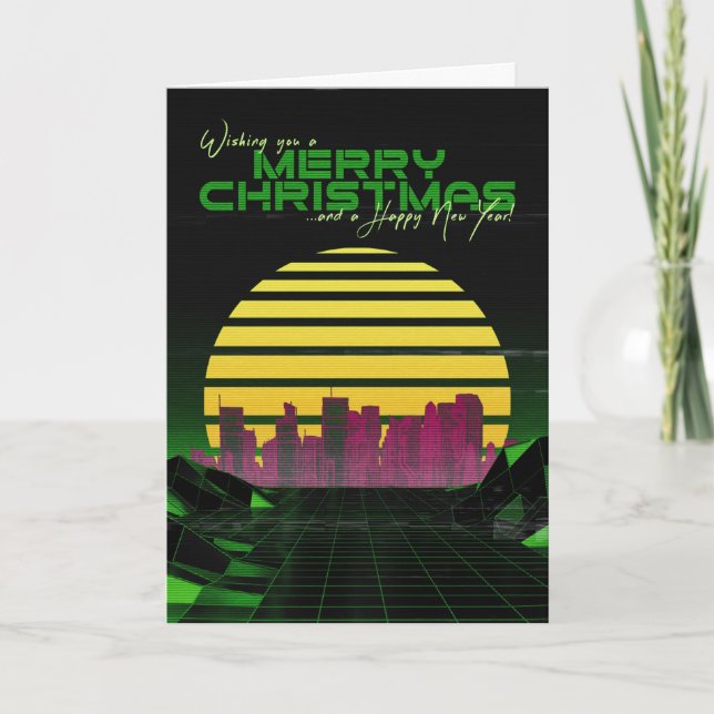 Grüne Synthwave-Weihnachtskarte Feiertagskarte (Vorderseite)