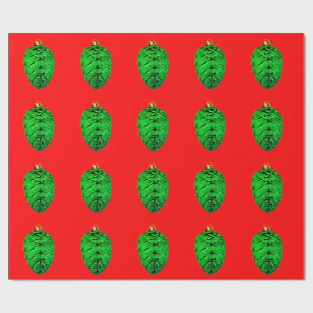 Grüne Tannenzapfen-Ornamente Rotes Geschenkpapier (Flach)