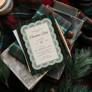 Grüne Tartan-Spitzenrahmen-Weihnachtsfeier Einladung