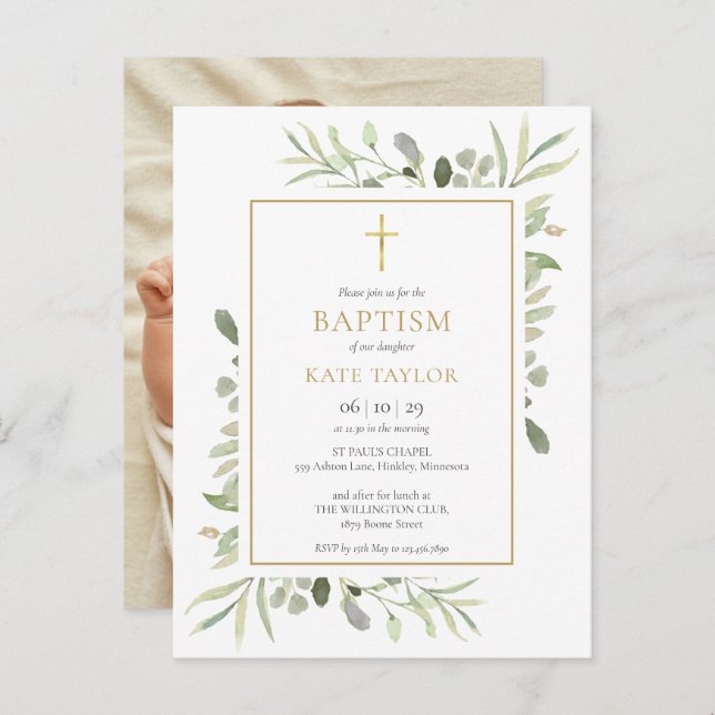 Grüne Taufe Christening Foto Einladungspostkarte (Vorne/Hinten)