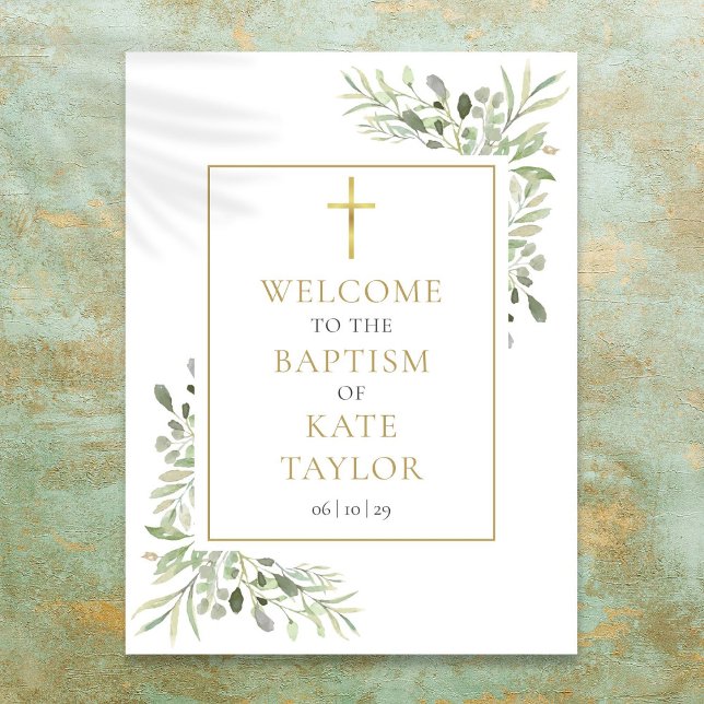 Grüne Taufe Christening Willkommenszeichen Poster (Greenery Baptism Christening Welcome Sign)