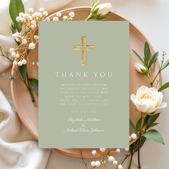 Grüne Taufe des modernen Heims Dankeskarte (Modern Sage Green Cross Baptism Thank You Card)