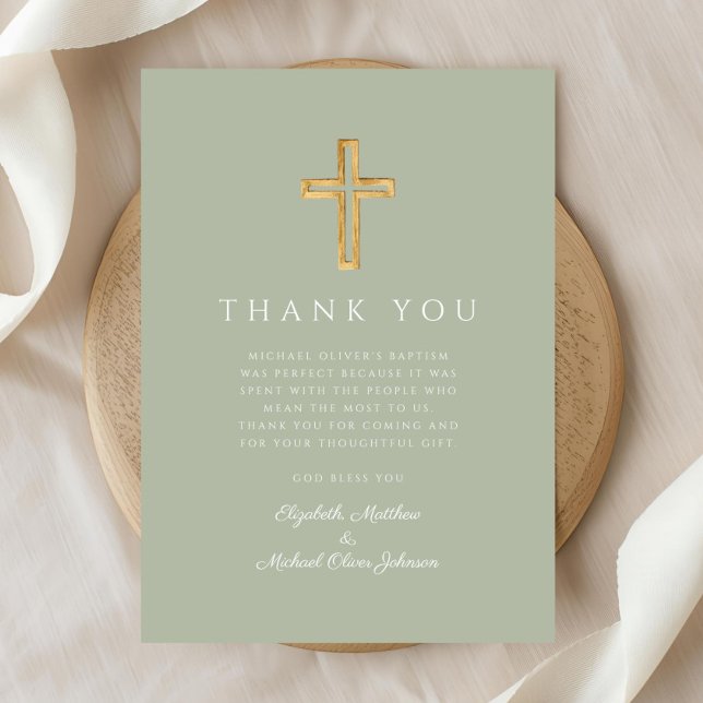 Grüne Taufe des modernen Heims Dankeskarte (Modern Sage Green Cross Baptism Thank You Card)