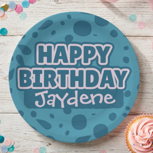 Grüne Teal Happy Birthday-Platte mit Namen Pappteller