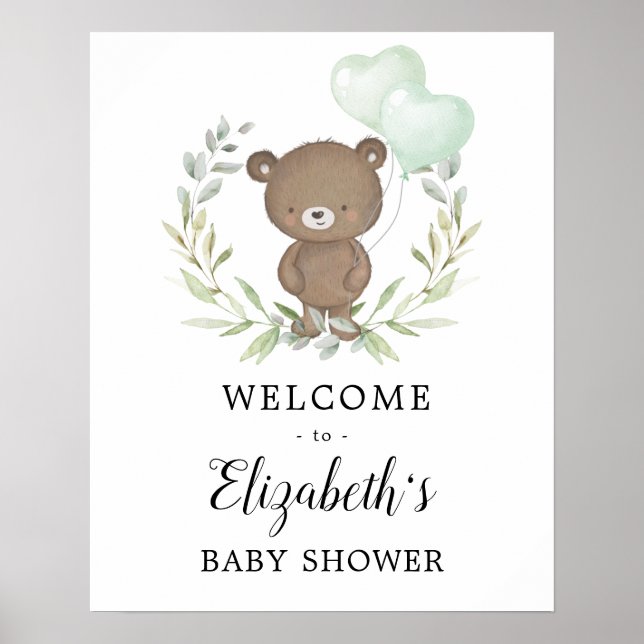Grüne Teddy Bear Neutral Baby Dusche Willkommen Poster (Vorne)