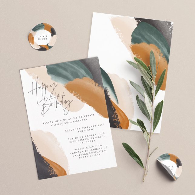 Grüne Terracotta abstrakte Aquarell Geburtstag Einladung (Von Creator hochgeladen)