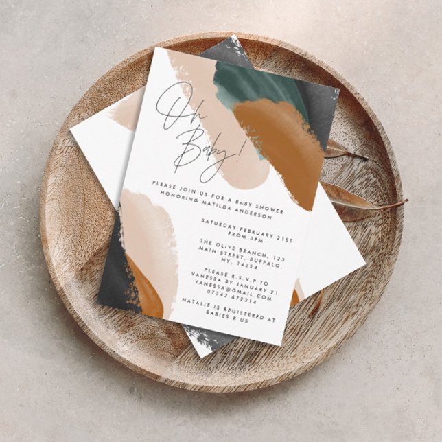 Grüne Terracotta abstrakte Aquarellni Babydusche Einladung (Von Creator hochgeladen)