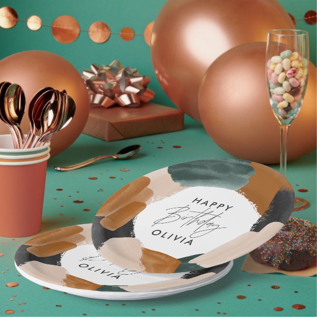 Grüne Terrakotta abstrakte Aquarellfarben Geburtst Pappteller (Multi)