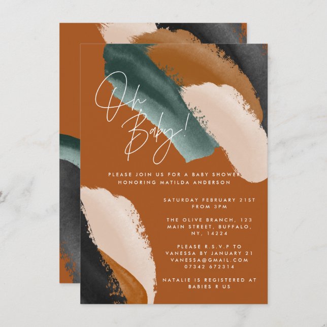 Grüne Terrakotta abstrakte Aquarellnymbole Babydus Einladung (Vorne/Hinten)