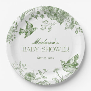 Grüne Toile De Jouy Vintage Florale Babyparty Pappteller