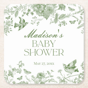 Grüne Toile De Jouy Vintage Florale Babyparty Rechteckiger Pappuntersetzer