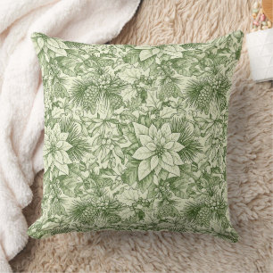 Grüne Toile Poinsettia Weihnachtsmuster Kissen