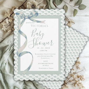 Grüne Toile-Schleife Vintage Elegante Babyparty Einladung