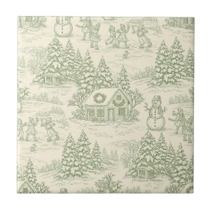 Grüne Toile-Vintage-Weihnachtsdorf-Muster (5) Fliese