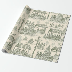 Grüne Toile Vintage-Weihnachtsdorfszene (2) Geschenkpapier