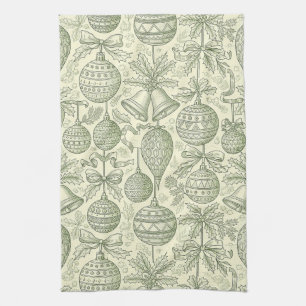 Grüne Toile-Weihnachtsglocken & Ornament-Muster 2 Geschirrtuch