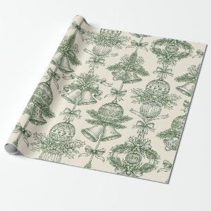 Grüne Toile-Weihnachtsglocken & Ornament-Muster Geschenkpapier