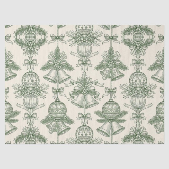 Grüne Toile-Weihnachtsglocken & Ornament-Muster Seidenpapier (Vorderseite)