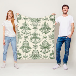 Grüne Toile-Weihnachtsglocken und -Ornament-Muster Fleecedecke