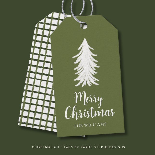 Grüne Tree Skript Weihnachtsgeschenke Tags Geschenkanhänger (Personalize Holiday Gift tags with a white tree over a forest green background and cute checks)