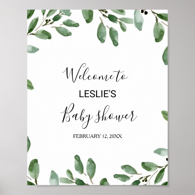Grüne Tropical Eucalyptus Baby Dusche Willkommen Poster (Vorne)