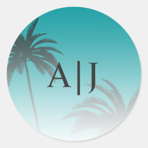Grüne Tropical Palm Tree Beach Monogram Wedding Runder Aufkleber