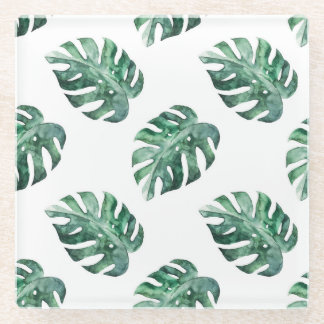 Grüne tropische Blätter, Aquarellmuster Glasuntersetzer