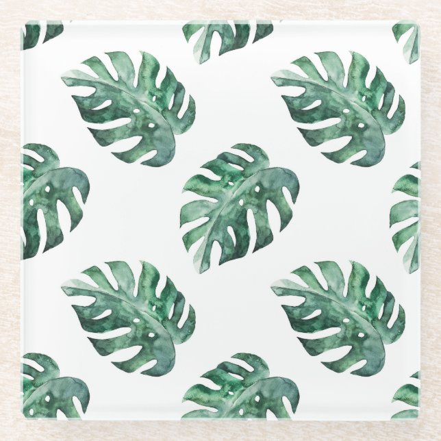 Grüne tropische Blätter, Aquarellmuster Glasuntersetzer (Vorderseite)