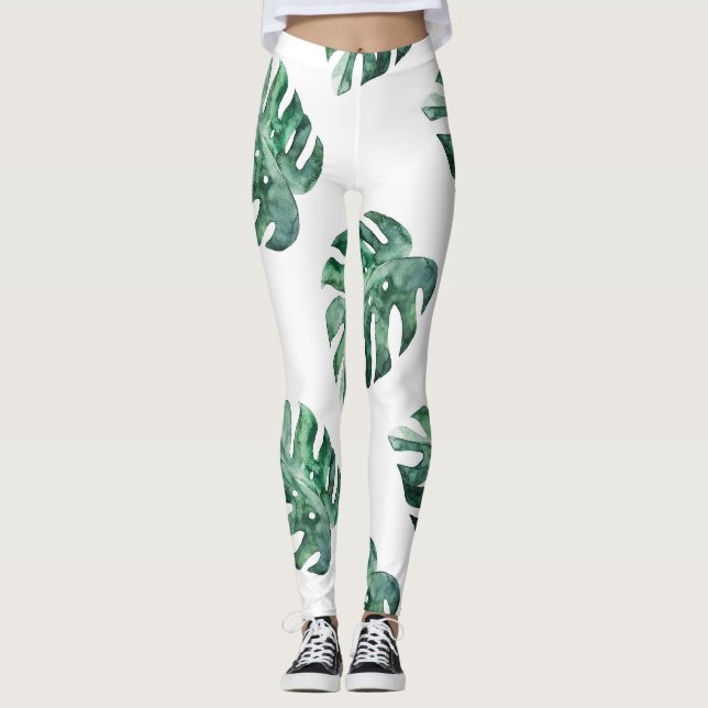 Grüne tropische Blätter, Aquarellmuster Leggings (Vorderseite)