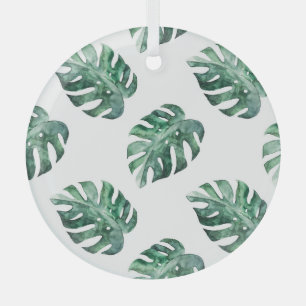Grüne tropische Blätter, Aquarellmuster Ornament Aus Glas