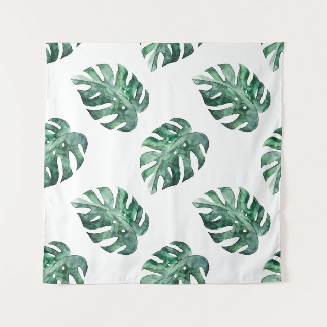 Grüne tropische Blätter, Aquarellmuster Wandteppich (Vorderseite)