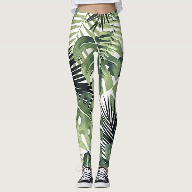 Grüne tropische Blätter Botanischer Botanik Leggings (Vorderseite)