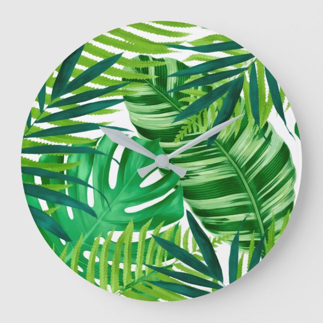 Grüne tropische Blätter  Große Wanduhr (Vorderseite)