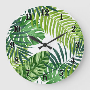 Grüne tropische Blätter Große Wanduhr