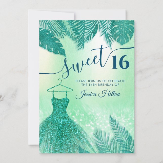 Grüne tropische Blätter kleiden 16 . Geburtstag Einladung (Vorderseite)