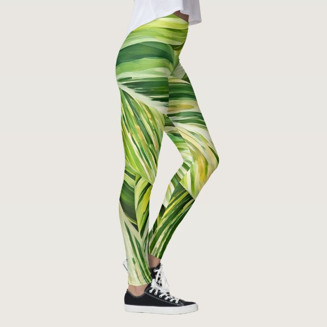 Grüne tropische Blätter Kunst Leggings (Rechts)