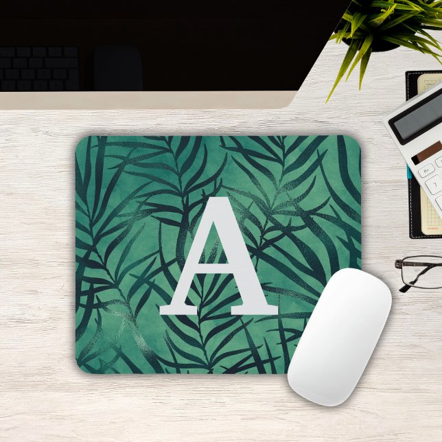 Grüne tropische Blätter Mit Monogramm Mousepad (Green Tropical Leaves Monogrammed Mousepad
)