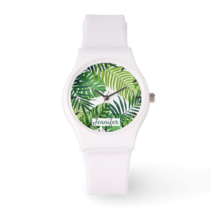 Grüne tropische Blätter Monogramm Armbanduhr