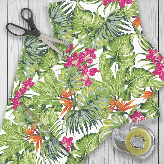 Grüne tropische Blätter Rosa Orange Blume Seidenpapier (Tropical leaves with pink and orange flowers gift wrapping tissue paper)