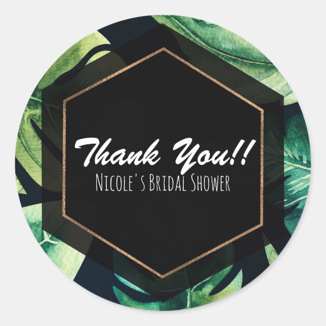 Grüne tropische Blätter Schwarz Elegante Hochzeit  Runder Aufkleber (Vorderseite)