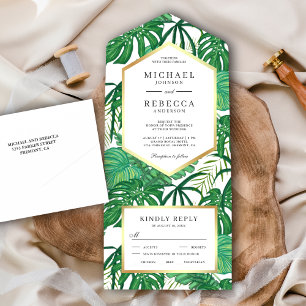 Grüne tropische Monstera-Palmenblätter Hochzeit All In One Einladung