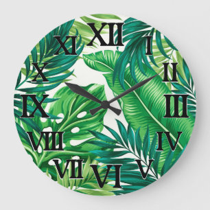 Grüne tropische Palmen Banana Monstera Blätter Große Wanduhr