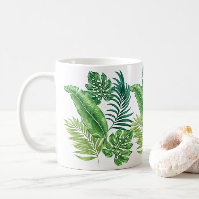 Grüne tropische Palmen Banana Monstera Blätter Kaffeetasse (Mit Donut)