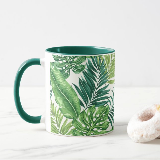 Grüne tropische Palmen Banana Monstera Blätter Tasse (Mit Donut)