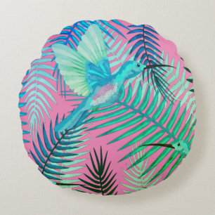 Grüne tropische Vögel und Blumenblätter Rundkissen Rundes Kissen