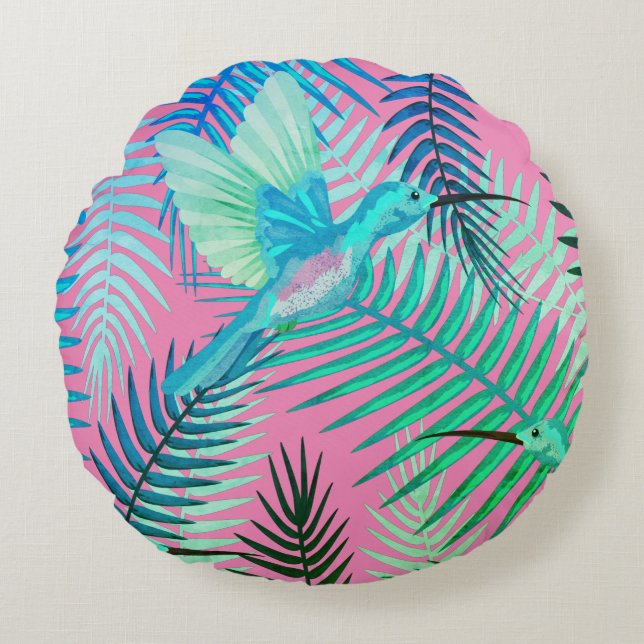 Grüne tropische Vögel und Blumenblätter Rundkissen Rundes Kissen (Vorderseite)