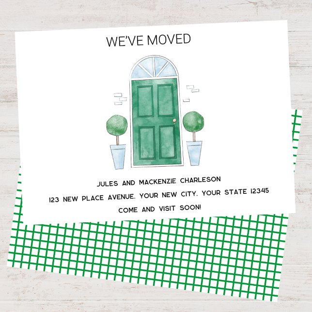 Grüne Tür wir haben neue Zuhause Ankündigung (Green door watercolor custom text new home we I have moved change of address moving announcement)